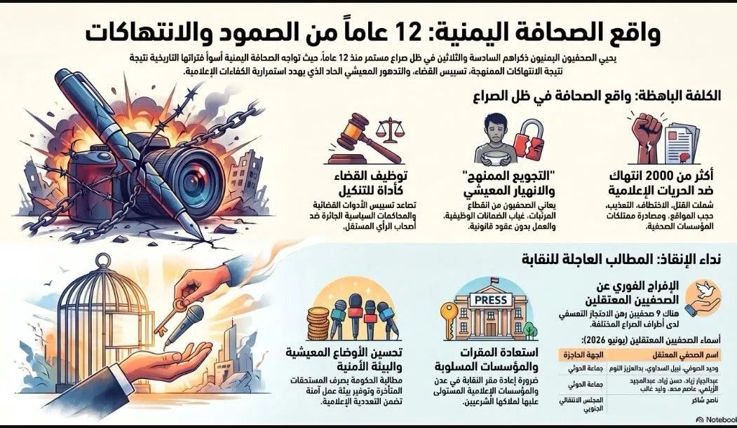 في يوم الصحافة اليمنية.. نقابة الصحفيين تدق ناقوس الخطر: أكثر من ألفي انتهاك و9 صحفيين ما زالوا خلف القضبان