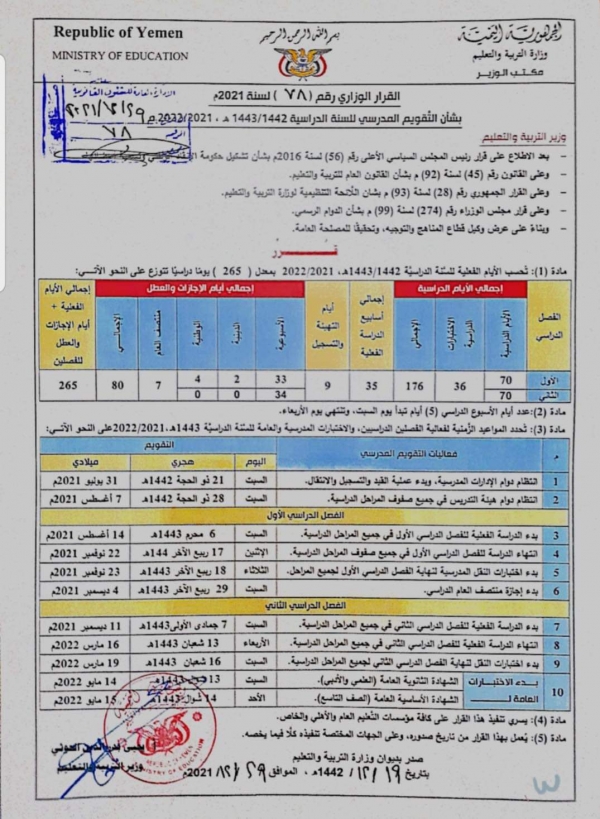وزارة التربية والتعليم بصنعاء تحدد موعد بدء العام الدراسي الجديد